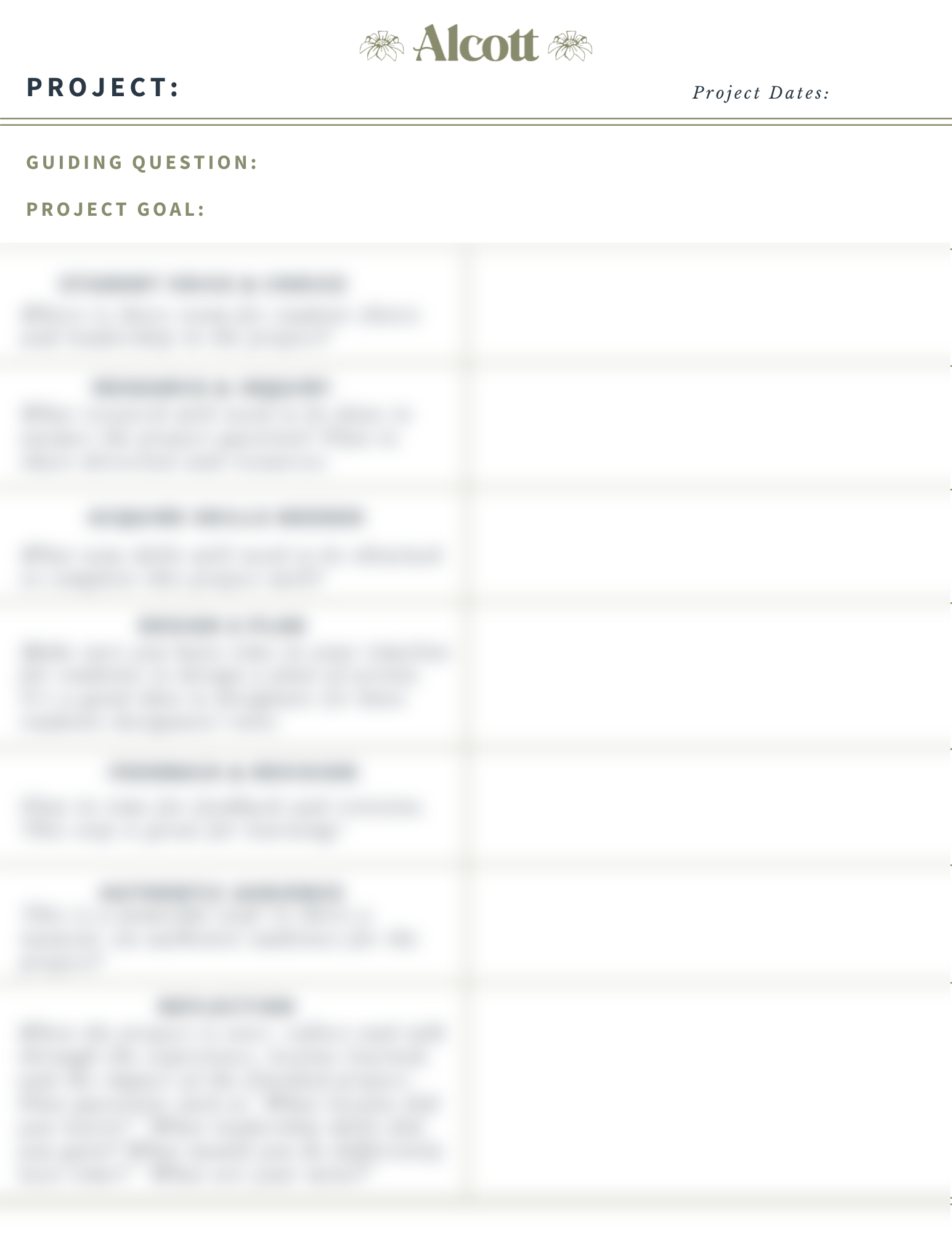 Project-Based Learning Planning Template & Sample – Alcott Learning